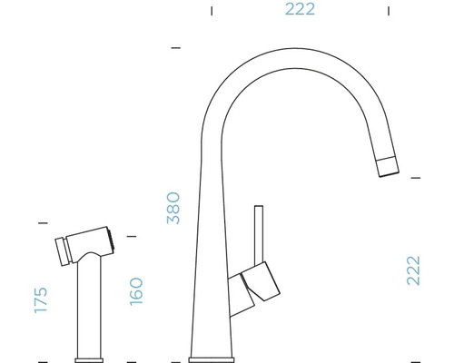 Technický nákres kuchynskej batérie s rozmermi 380 mm výška a 222 mm vyloženie