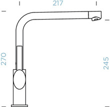 Technický nákres vodovodnej batérie s rozmermi.