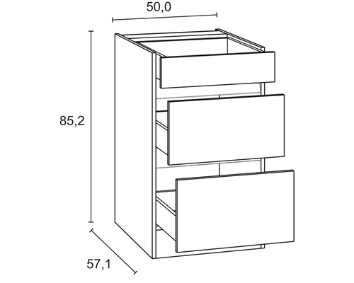 Nákres spodnej skrinky s tromi zásuvkami a rozmermi
