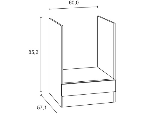 Nákres spodnej skrinky s rozmermi 60,0 x 85,2 x 57,1 cm