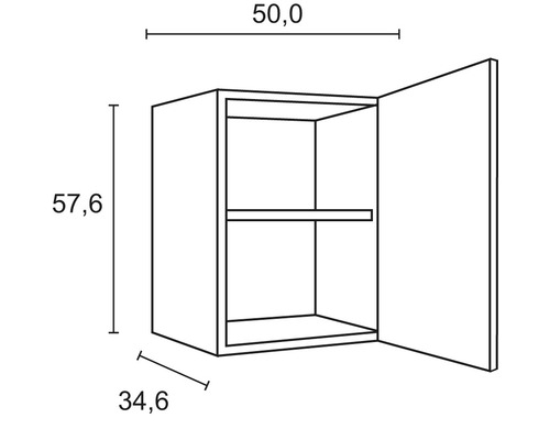 Výkres závesnej skrinky s rozmermi 50,0 x 57,6 x 34,6 centimetrov