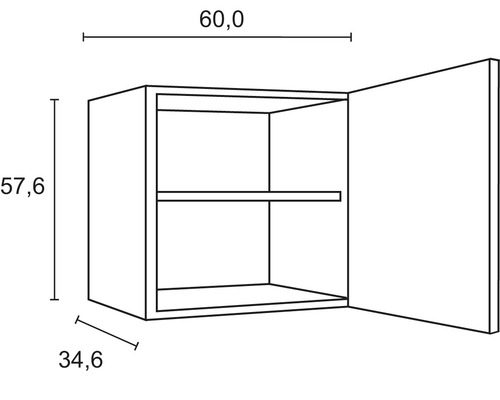 Technický nákres závesnej skrinky s rozmermi 60,0 x 57,6 x 34,6 cm.