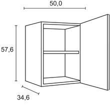 Technický nákres závesnej skrinky s rozmermi 50,0 x 57,6 x 34,6 centimetrov