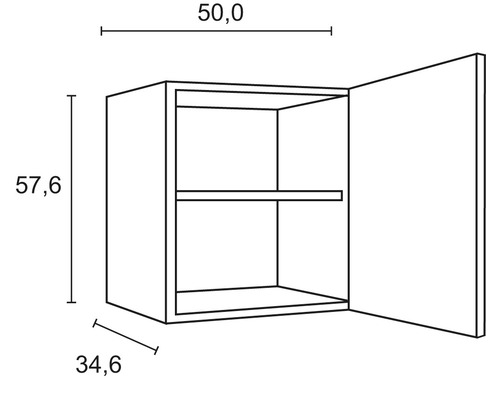 Technický nákres závesnej skrinky s rozmermi 50,0 x 57,6 x 34,6 cm.