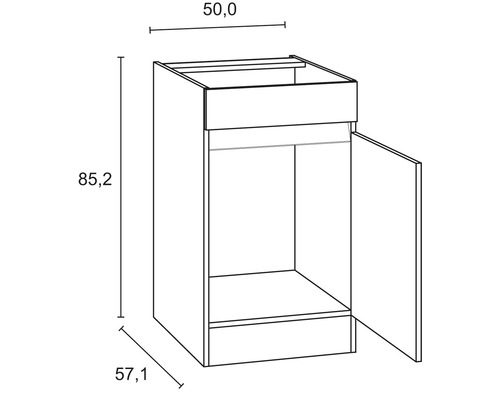 Nákres spodnej kuchynskej skrinky s rozmermi 50,0 x 85,2 x 57,1 cm