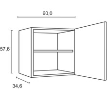Technický výkres závesnej skrinky s rozmermi 60,0 x 57,6 x 34,6 cm.