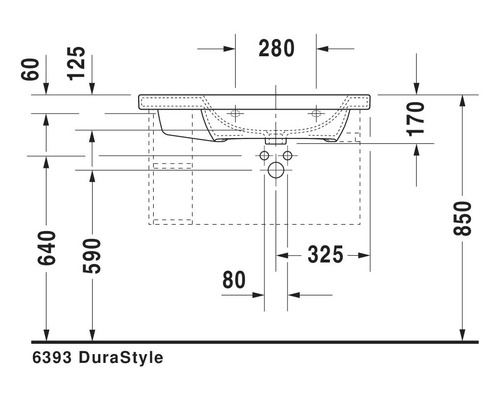 Technický nákres umývadla s rozmermi.