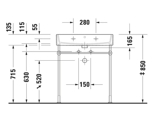 Technický nákres umývadla s rozmermi