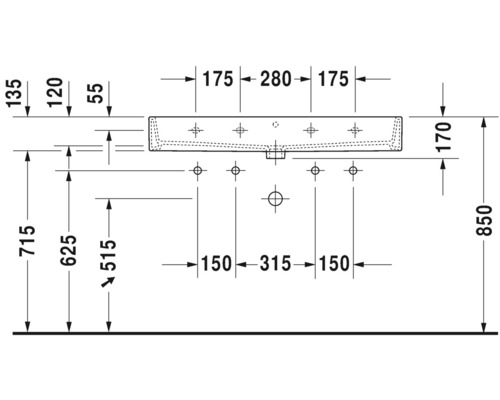 Technický nákres umývadla s rozmermi