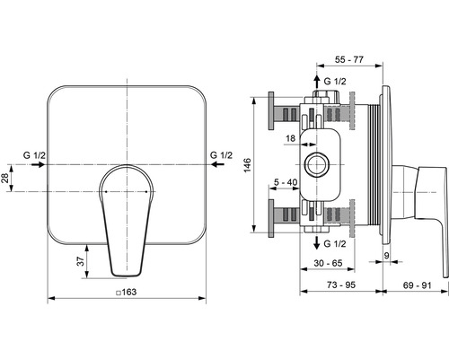 Technický nákres kúpeľňovej batérie s rozmermi