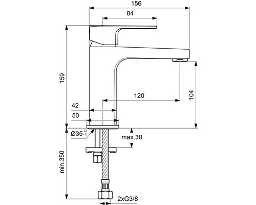 Technický nákres vodovodnej batérie s rozmermi