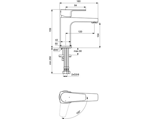 Technický nákres vodovodnej batérie s rozmermi