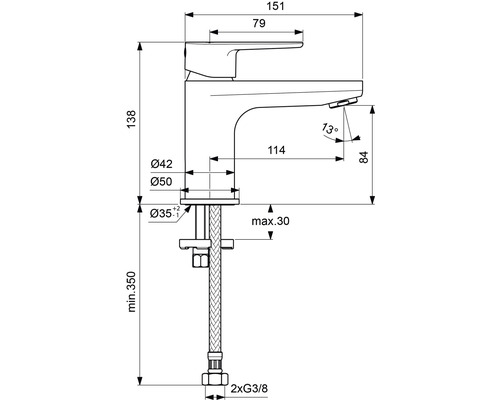 Rozmerový nákres armatúry s rozmermi 151, 138, 114, 84, 79, priemer 42, priemer 50, priemer 35, minimálne 350 a maximálne 30.
