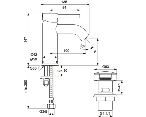 Technický nákres vodovodnej batérie s rozmermi