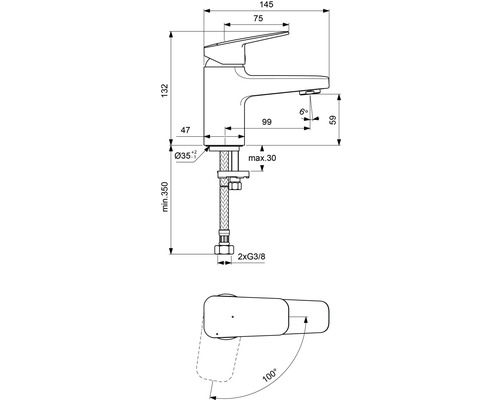 Technický nákres vodovodnej batérie s rozmermi.