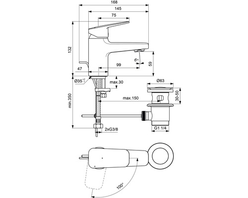 Technický nákres umývadlovej batérie s rozmermi