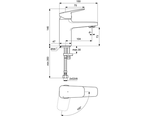 Technický nákres vodovodnej batérie s rozmermi
