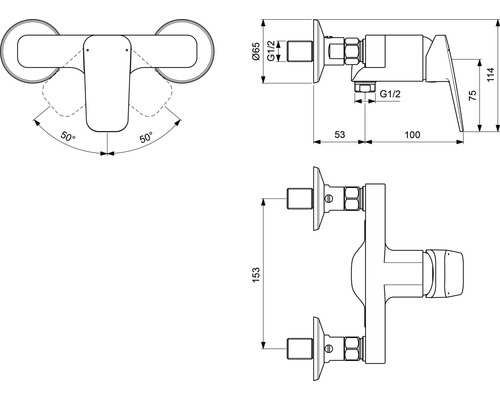 Technický nákres nástennej batérie s rozmermi