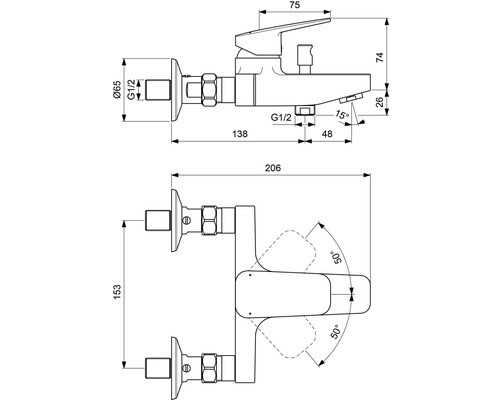 Technický nákres vodovodnej batérie s rozmermi