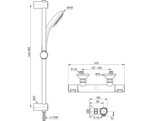 Technický nákres sprchovej tyče s ručnou sprchou a rozmermi