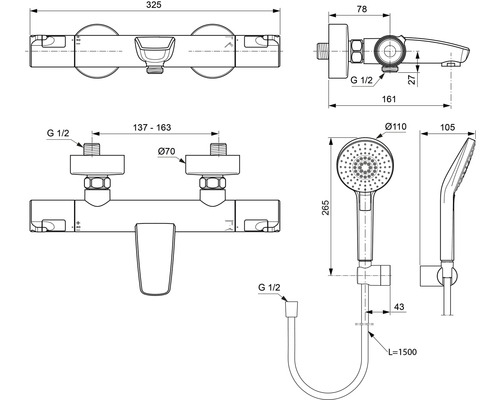 Technický nákres sprchovej batérie s ručnou sprchou a rozmermi