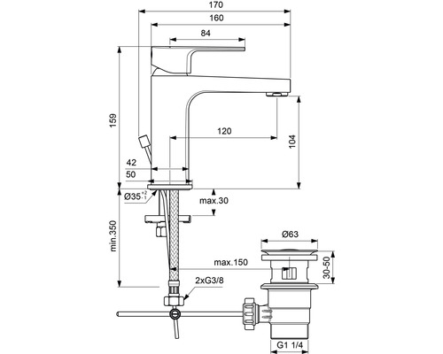 Technický nákres armatúry s rozmermi