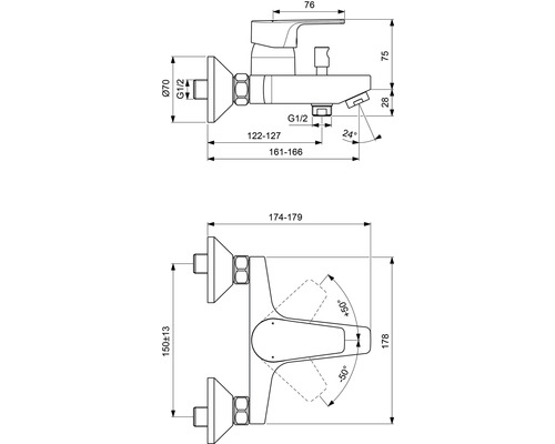 Technický výkres vodovodnej batérie s rozmermi