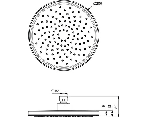 Technický nákres sprchovej hlavice s rozmermi