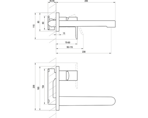 Technický nákres vodovodnej batérie s rozmermi