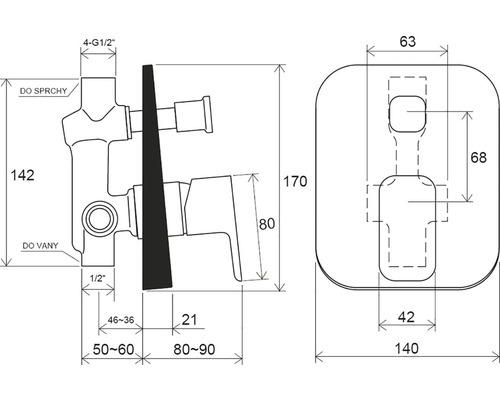Technický nákres kúpeľňovej batérie s rozmermi