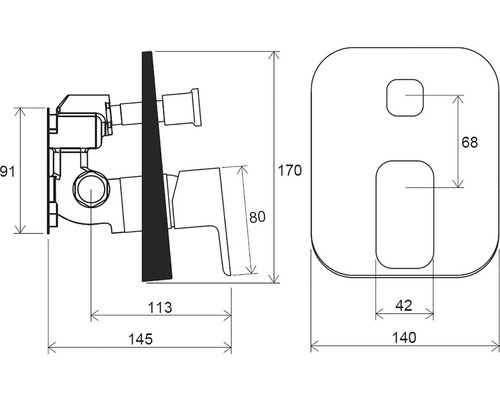 Technický výkres kúpeľňovej armatúry s rozmermi