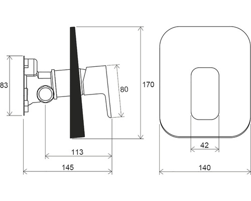 Technický nákres umývadlovej batérie s rozmermi