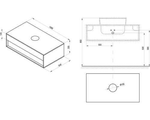 Technický výkres skrinky pod umývadlo s rozmermi