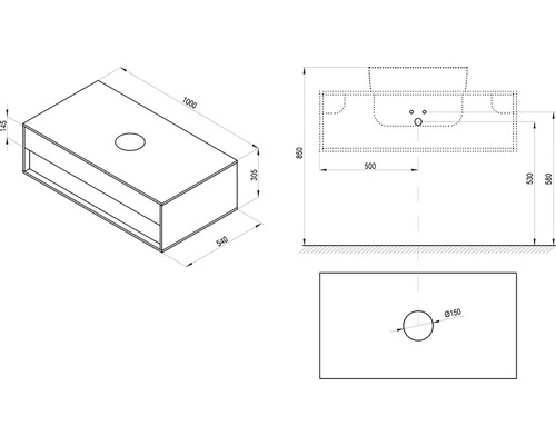 Technický výkres skrinky pod umývadlo s rozmermi