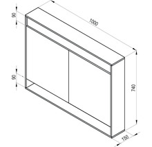 Technický nákres kúpeľňovej skrinky s rozmermi 1000 x 740 x 150 mm.