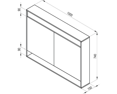 Technický nákres kúpeľňovej skrinky s rozmermi 1000 x 740 x 150 mm.