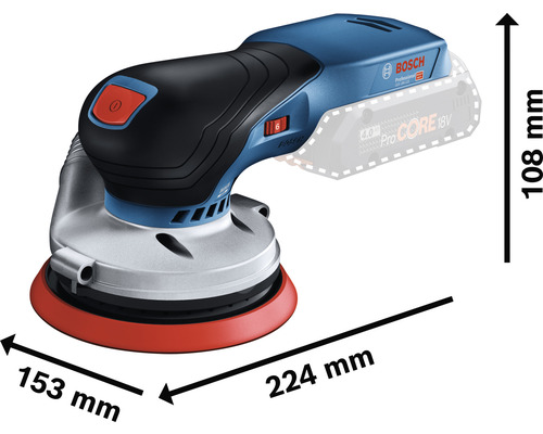 Excentrická brúska Bosch s rozmermi 224 mm dĺžka, 153 mm šírka a 108 mm výška