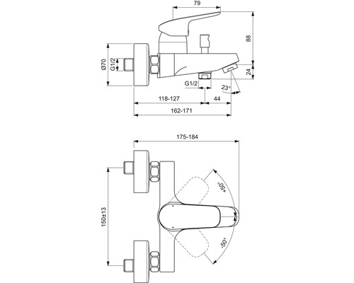 Technický nákres zmiešavacej batérie s rozmermi