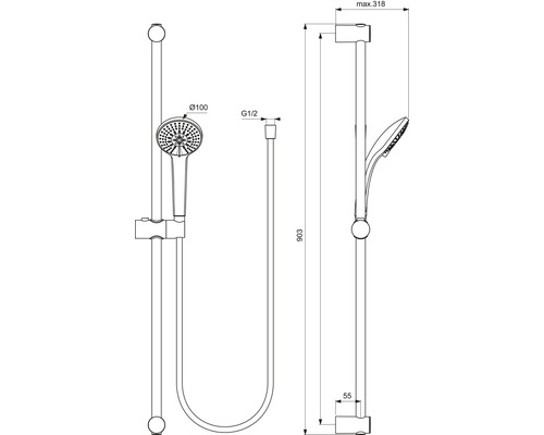 Technický nákres sprchovej tyče s ručnou sprchou a hadicou vrátane rozmerov