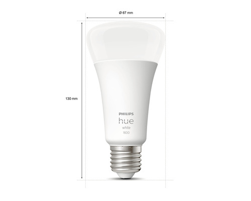 Žiarovka Philips Hue s rozmermi 67 milimetrov v priemere a 130 milimetrov na dĺžku