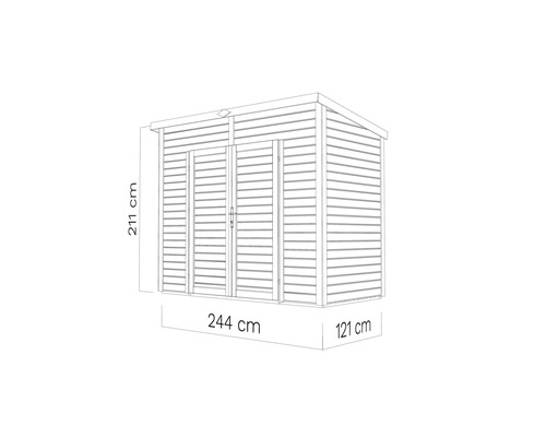 Obrázok záhradného domčeka s rozmermi 211 krát 244 krát 121 centimetrov.