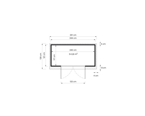 Nákres pôdorysu s rozmermi: šírka 251 cm, výška 139 cm, plocha 2,8 metra štvorcového