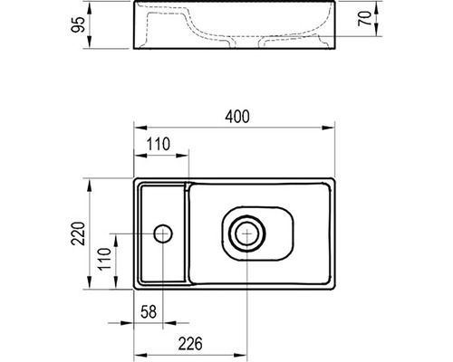 Výkres umývadla s rozmermi