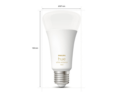 Žiarovka Philips Hue s rozmermi 130 mm výška a 67 mm priemer.