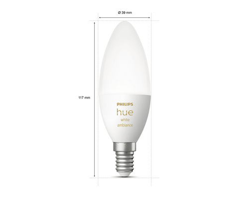 Žiarovka Philips Hue s objímkou E14, priemer približne 39 milimetrov a dĺžka približne 117 milimetrov