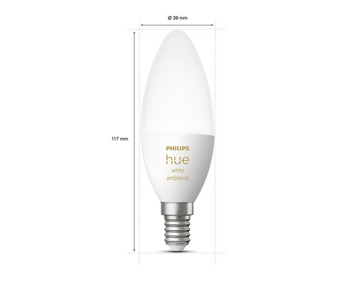 LED žiarovka Philips Hue White Ambiance, pätica E14, rozmery 117 mm výška, 39 mm priemer
