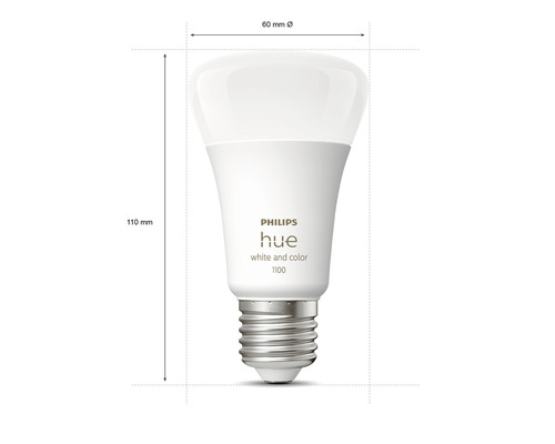 Žiarovka Philips Hue s rozmermi 110 mm na výšku a 60 mm v priemere.