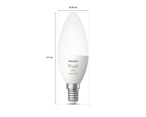Žiarovka Philips Hue s rozmermi 117 mm dĺžky a 39 mm priemeru