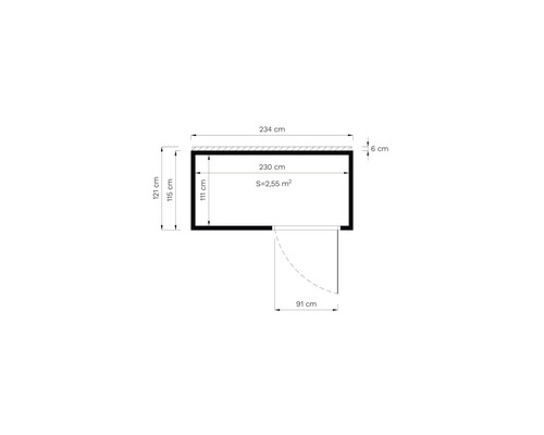 Pôdorys s rozmermi: šírka 234 cm, výška 121 cm, plocha 2,55 m²