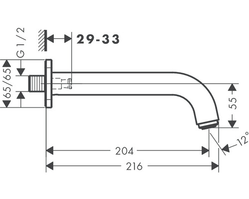Technický nákres nástenného výtoku s rozmermi